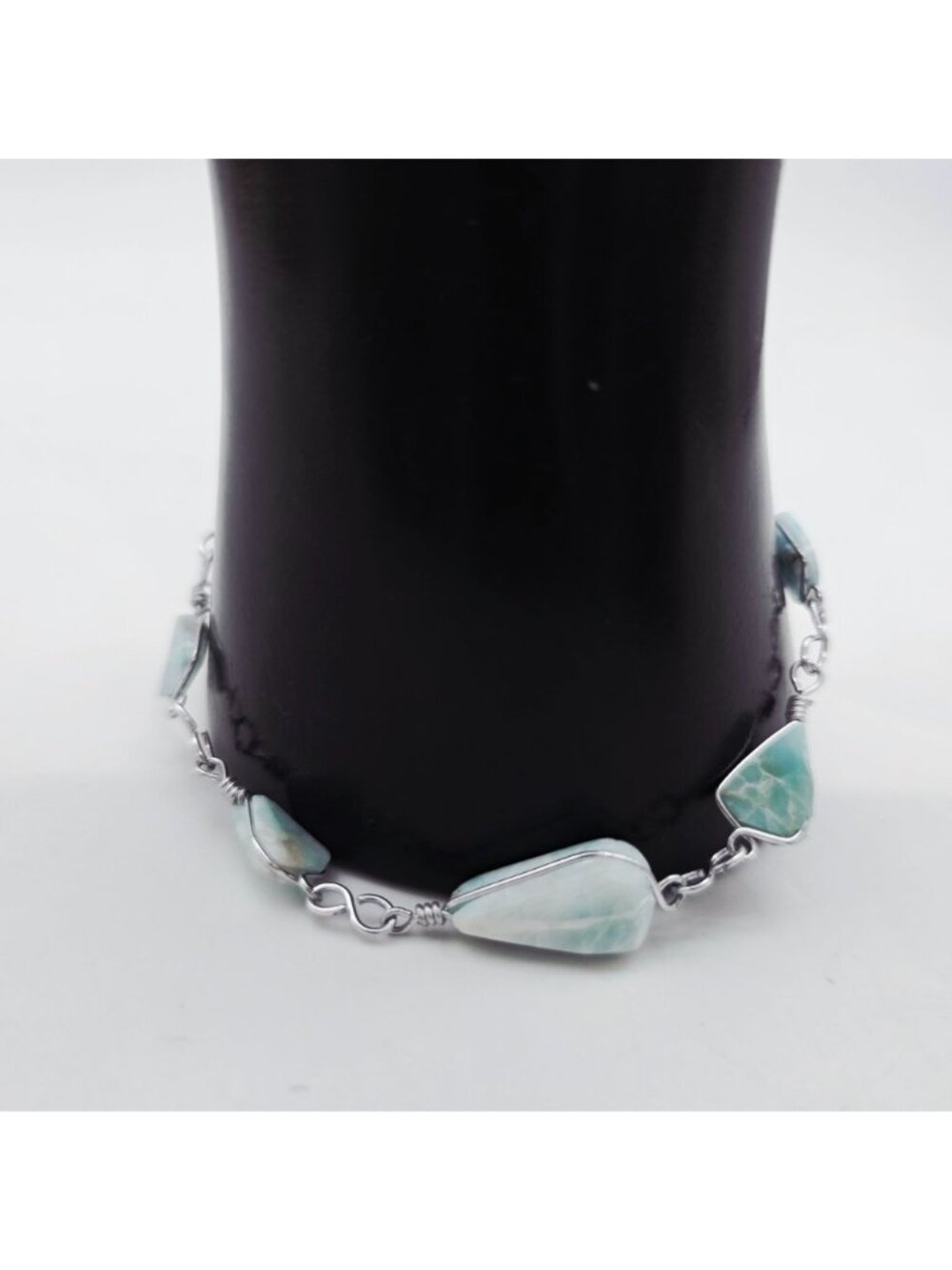 Triangle-Cut Larimar Gemstone Bracelet Sterling Silver Chain 8 Inches - Picture 5 of 7
